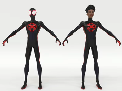 Two Black Spider Man Costume Game and Movie Characters with Red Logo Masked and Unmasked 3d model