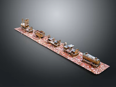 Vintage Model Train with Steam Locomotive and Multiple Carriages on Red Tracks Display Base 3d model