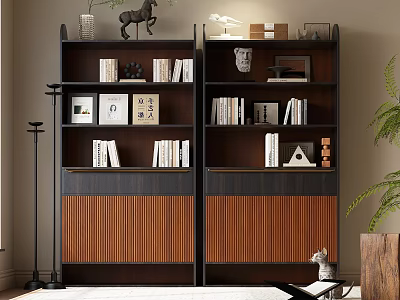 Modern Dark Wood Twin Bookcase Interior With Books Sculptures Photo Frames And Floor Plant 3d model