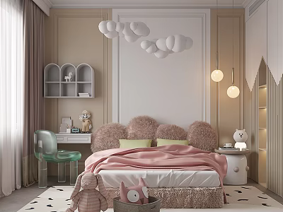 Cozy Kids Room Interior With Cloud Shaped Pendant Lights Pink Bedding Green Chair And Shelves 3d model