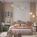 Cozy Kids Room Interior With Cloud Shaped Pendant Lights Pink Bedding Green Chair And Shelves