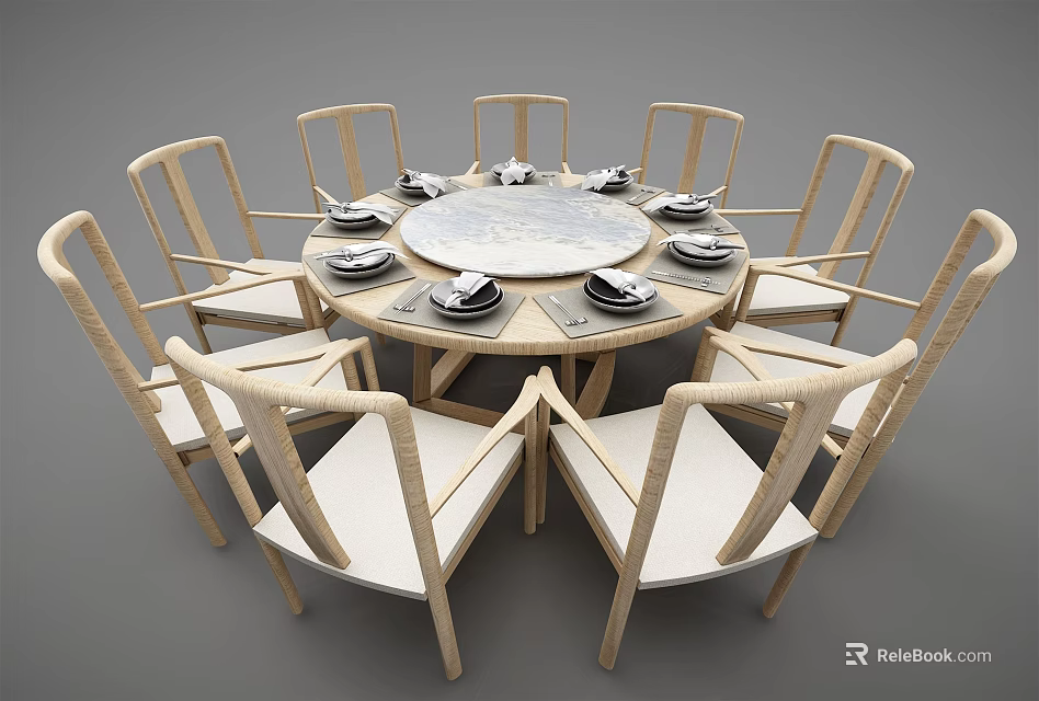Modern Round Dining Table Set with Marble Top and Wooden Woven Backrest Chairs 3d model 