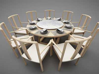 Modern Round Dining Table Set with Marble Top and Wooden Woven Backrest Chairs 3d model