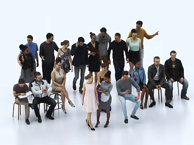 Group of People Standing and Sitting in Diverse Clothes Against White Background 3d model