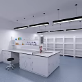 Modern Laboratory Interior With White Lab Benches Cabinets Pendant Lights Blue Flooring And Computer Chairs