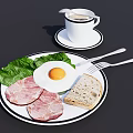 Breakfast Plate With Fried Egg Ham Slices Fresh Lettuce Bread And Coffee 3d model