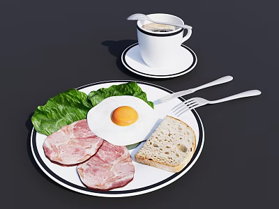 European Style Early Early Breakfast Breakfast Bread Plate Tableware Coffee Strawberry Fork Steak 3d model