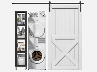 Modern Laundry Room Interior With White Barn Door Washing Machine And Storage Cabinet 3d model