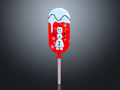 Red Christmas Themed Popsicle with White Frosting Snowman Design and Snowflake Decorations on Wooden Stick 3d model