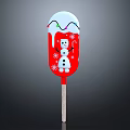 Red Christmas Themed Popsicle with White Frosting Snowman Design and Snowflake Decorations on Wooden Stick
