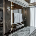 Luxurious Modern Interior With Marble Staircase Glass Railing Chandeliers Leather Sofa And Round Decor