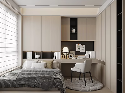 Minimalist Tatami Bedroom Interior With Built in Storage Cabinets Desk Chair And Window Blinds 3d model