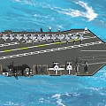Aircraft Carrier Sailing on Blue Sea with Planes on Deck and Island Structure
