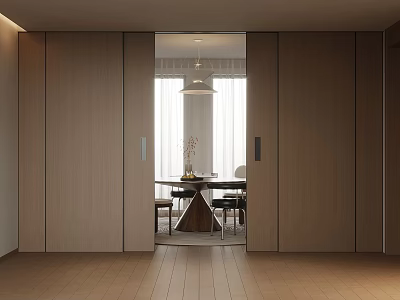 Minimalist Interior With Wooden Sliding Doors And Open Dining Space Featuring Round Table 3d model