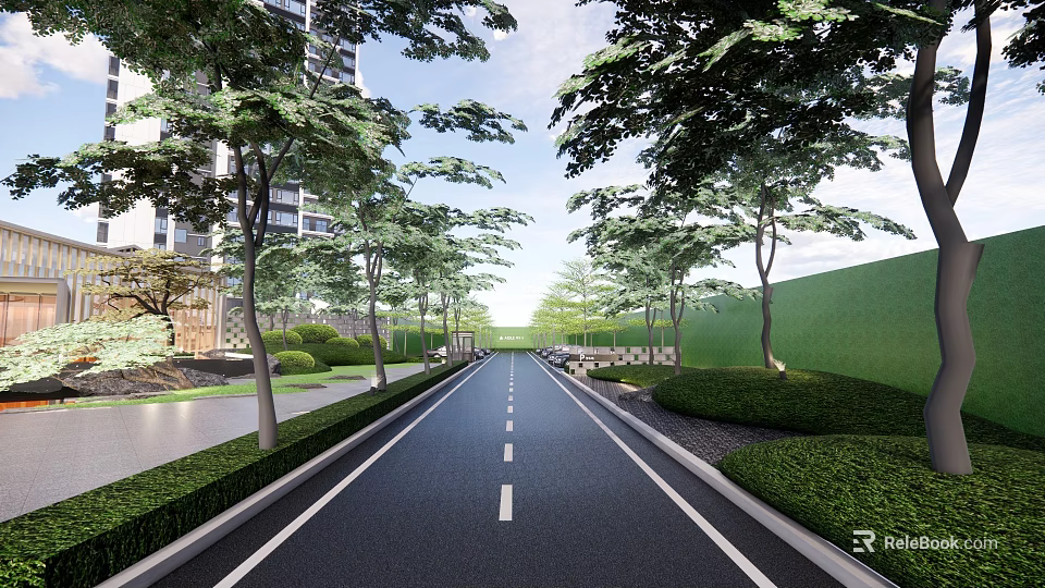 Modern Urban Road Facilities With Lined Trees Green Belts And Lane Markings 3d model 