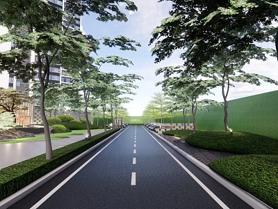 Modern Urban Road Facilities With Lined Trees Green Belts And Lane Markings 3d model