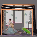 Traditional Chinese Bamboo Pavilion with Gauze Curtains Hanfu Woman Lanterns Guqin and Flowers