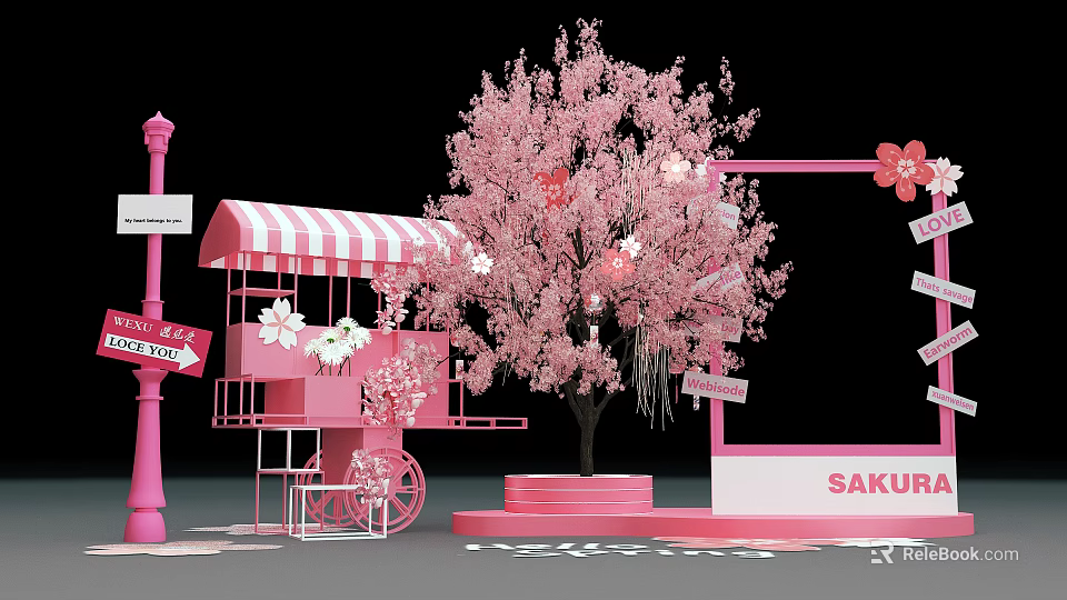 Pink Sakura Tree Display With Decorative Cart Street Sign And Frame 3d model 