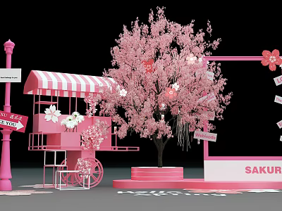 Pink Sakura Tree Display With Decorative Cart Street Sign And Frame 3d model