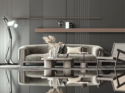 Modern Luxury Living Room With Gray Sofa Wooden Coffee Table Floor Lamp And Mirrored Floor 3d model
