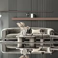 Modern Luxury Living Room With Gray Sofa Wooden Coffee Table Floor Lamp And Mirrored Floor