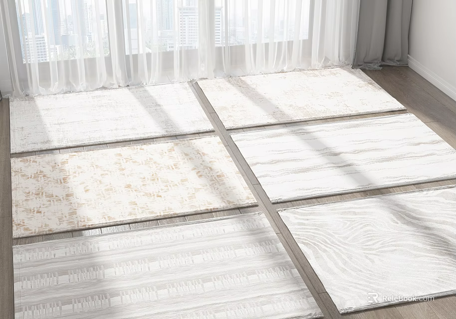Multiple Light Colored Square Rugs With Various Patterns And Sunlight Through Curtains 3d model 
