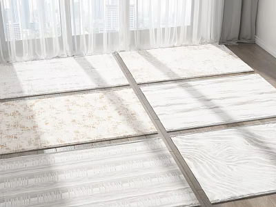Multiple Light Colored Square Rugs With Various Patterns And Sunlight Through Curtains 3d model
