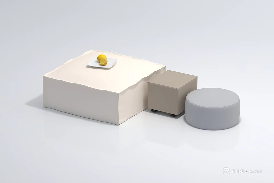 Modern Coffee Table Design With White Square And Gray Round Shapes Featuring Plate And Lemon 3d model 