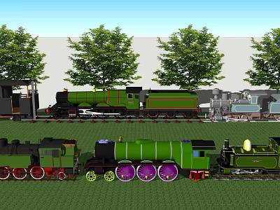 Vintage Green Steam Train Parked With Multiple Carriages On Grass Near Trees 3d model