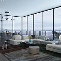 Bright Living Dining Room Interior With Soft Sofa Glass Walls Railing And Outdoor View