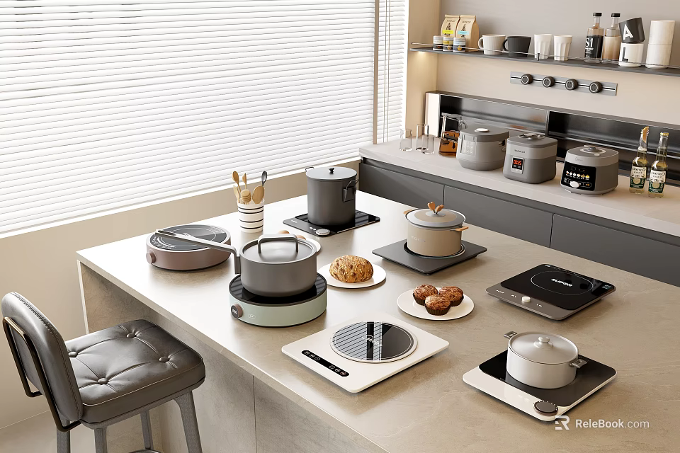 Modern Kitchen Countertop With Various Electric Appliances And Cookies Cups On Shelves 3d model 