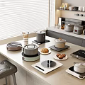 Modern Kitchen Countertop With Various Electric Appliances And Cookies Cups On Shelves