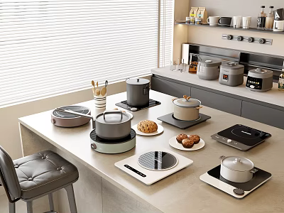 Modern Kitchen Countertop With Various Electric Appliances And Cookies Cups On Shelves 3d model