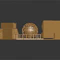 Golden Circular Display Platform With Spherical Centerpiece Ornate Carvings And Surrounding Cabinet Structures
