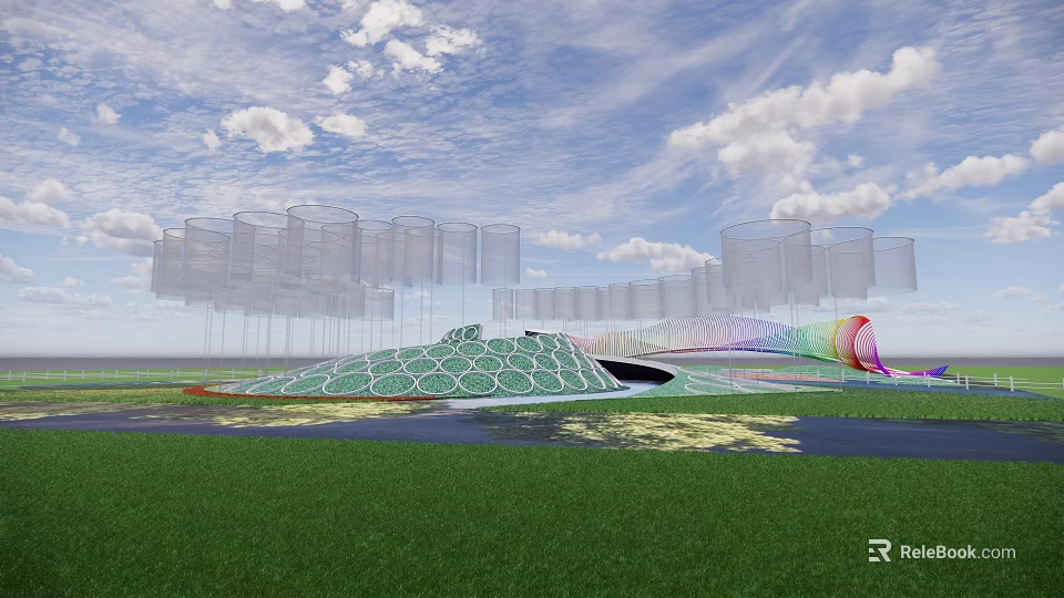 Modern Park Landscape With Green Geometric Dome White Mesh Screens And Colorful Water Feature 3d model 