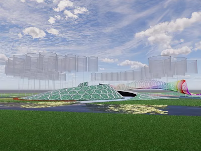 Modern Park Landscape With Green Geometric Dome White Mesh Screens And Colorful Water Feature 3d model