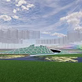 Modern Park Landscape With Green Geometric Dome White Mesh Screens And Colorful Water Feature