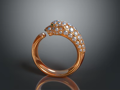 Leopard Head Shaped Rose Gold Ring With Sparkling Diamond Details 3d model