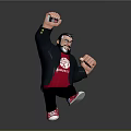 Man In Black Jacket Red T-Shirt Raising Fist With Red Shoes On Grey Background