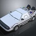 Classic White DeLorean Car With Gull Wing Doors And Roof Mounted Device