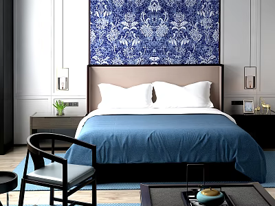New Chinese background double bedding 3d model