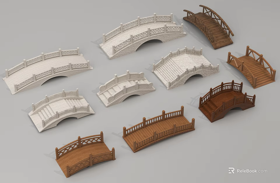 Various Landscape Bridges With Stone And Wooden Designs Arched And Flat Railings 3d model 