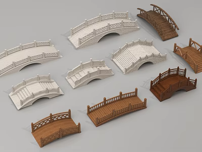 Various Landscape Bridges With Stone And Wooden Designs Arched And Flat Railings 3d model