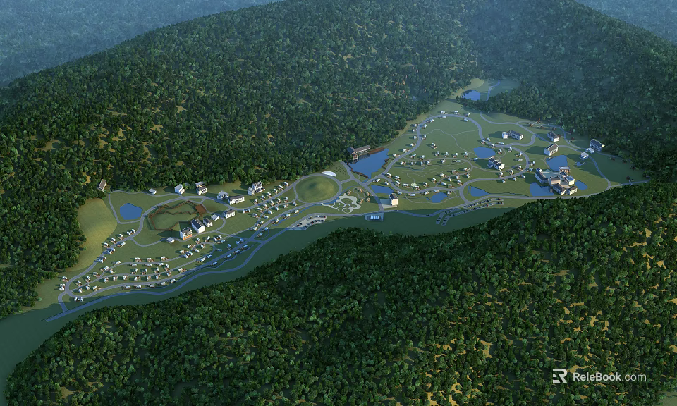 Aerial View Planning of Forest Surrounded Area with Green Lawns Water Bodies and Buildings 3d model 