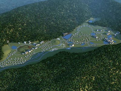 Aerial View Planning of Forest Surrounded Area with Green Lawns Water Bodies and Buildings 3d model
