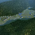 Aerial View Planning of Forest Surrounded Area with Green Lawns Water Bodies and Buildings