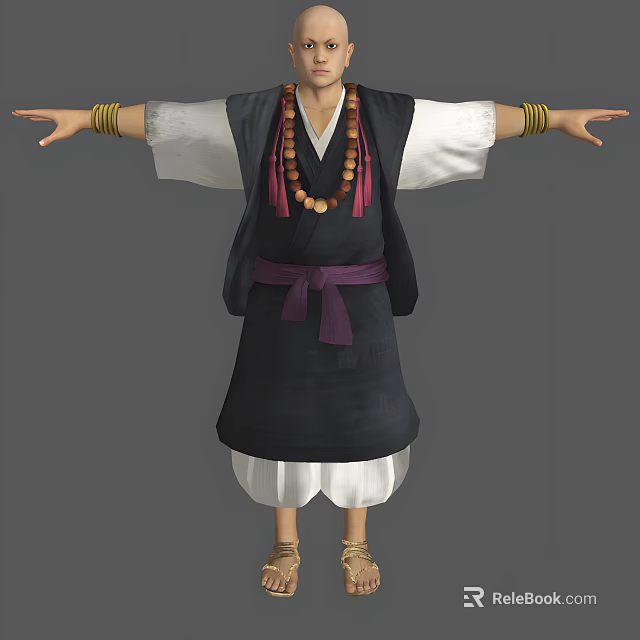 Man In Black Robe With White Sleeves Beaded Necklace Purple Sash Golden Bracelets Arms Outstretched 3d model 