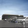 Row of Parked Cars Including Bus and Sedans in Open Area With Cloudy Sky