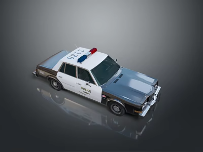Vintage White And Gray Police Car With Red Lights POLICE Sign And Reflection 3d model