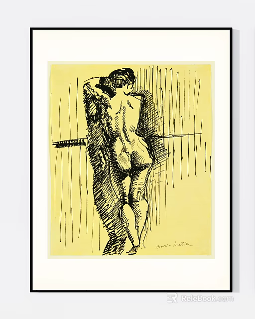 Nude Female Figure Drawing Back View In Sketch Style With Vertical Lines Yellow Background 3d model 